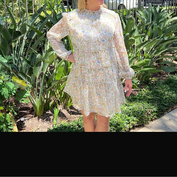 Floral Mini Dress Smocked Neck Tiered Sheer Long Sleeve Lined Multicolored - Picture 3 of 12